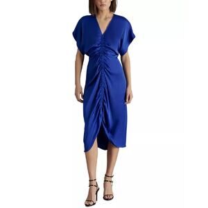 NEW Steve Madden Cobalt Blue Midi Dress Small Shirred Ruched Satin Cocktail NWT